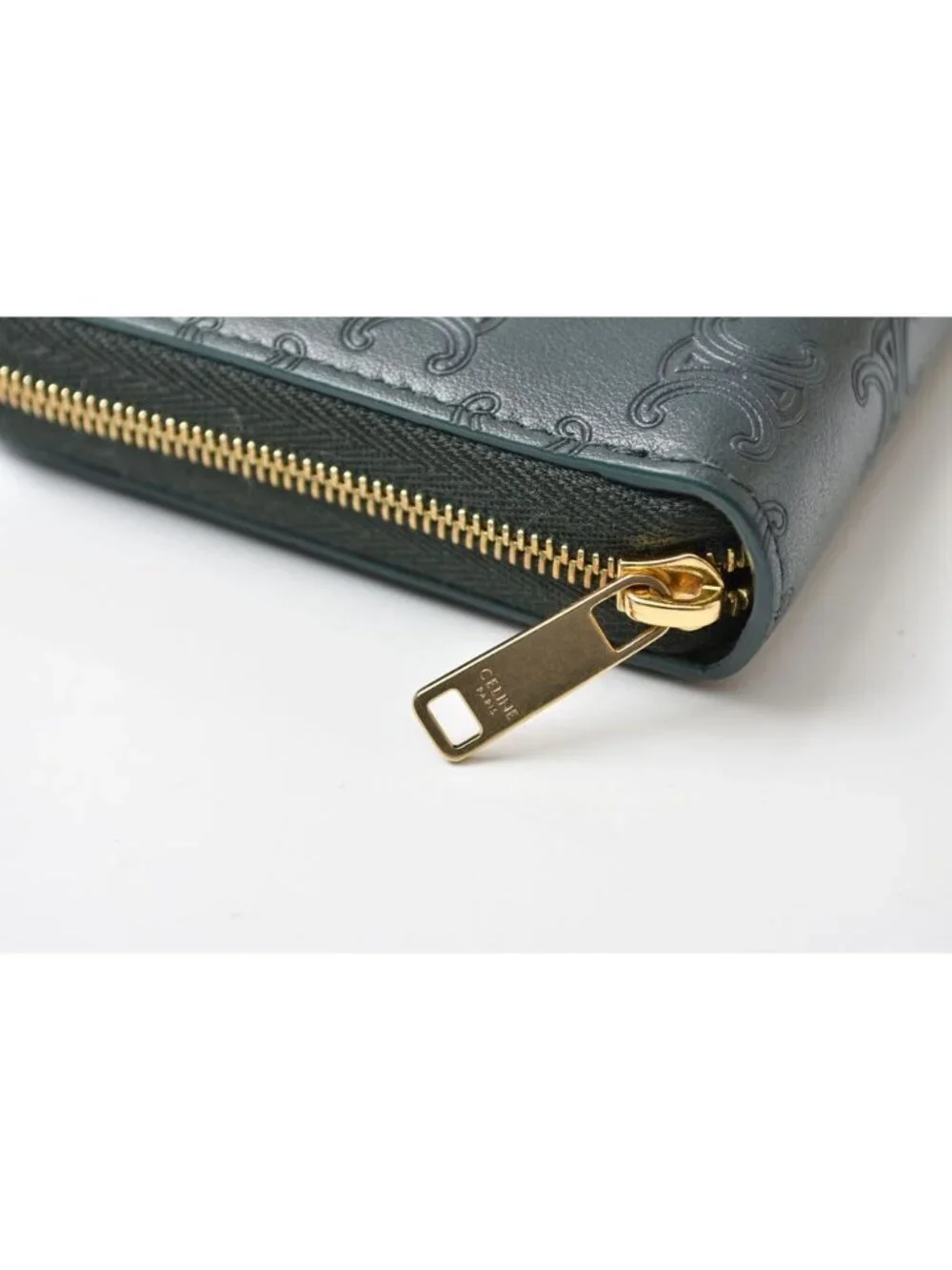 Celine Wallet Amazone Green Triomphe Embossed Large Zip Around Leather